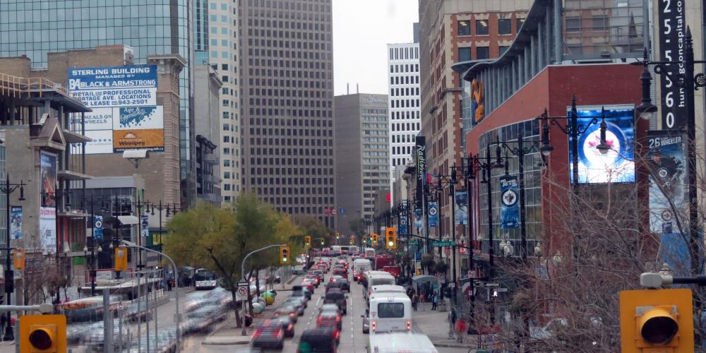 Looking east down Portage Avenue to the intersecton of Portage and Main